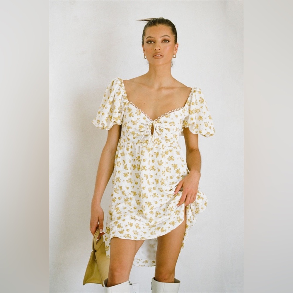 Sabo Skirt White Mini Dress with Yellow Floral Print